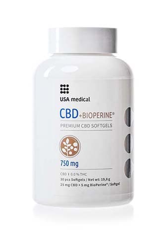 CBD olejové kapsule 750mg + BioPerine 30ks USA MEDICAL 